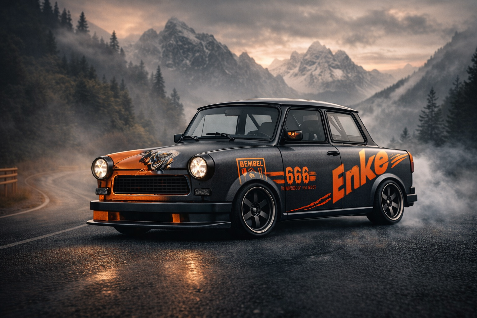 Renn-Trabi in Schwarz/Orange (Seitenansicht)